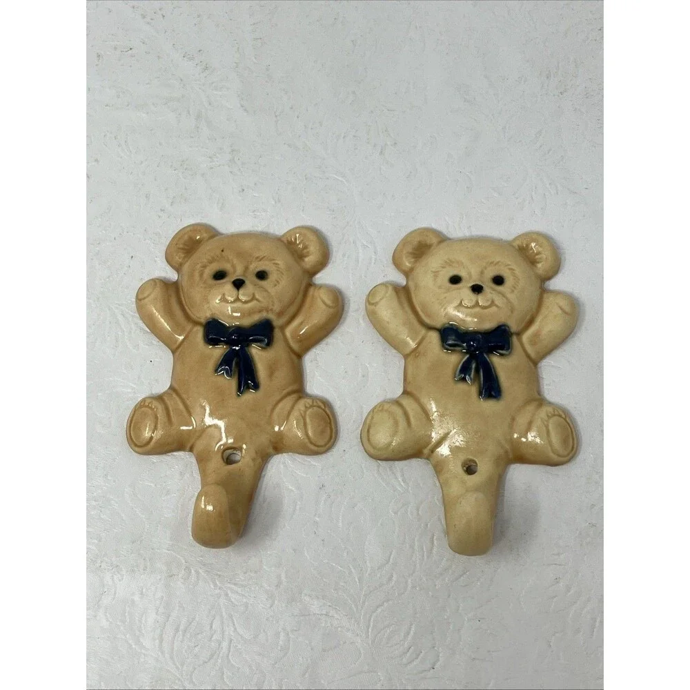 2 VTG Ceramic Teddy Bear w Blue Bow Wall Hook Hangers Set Baby Boy Nursery Beige